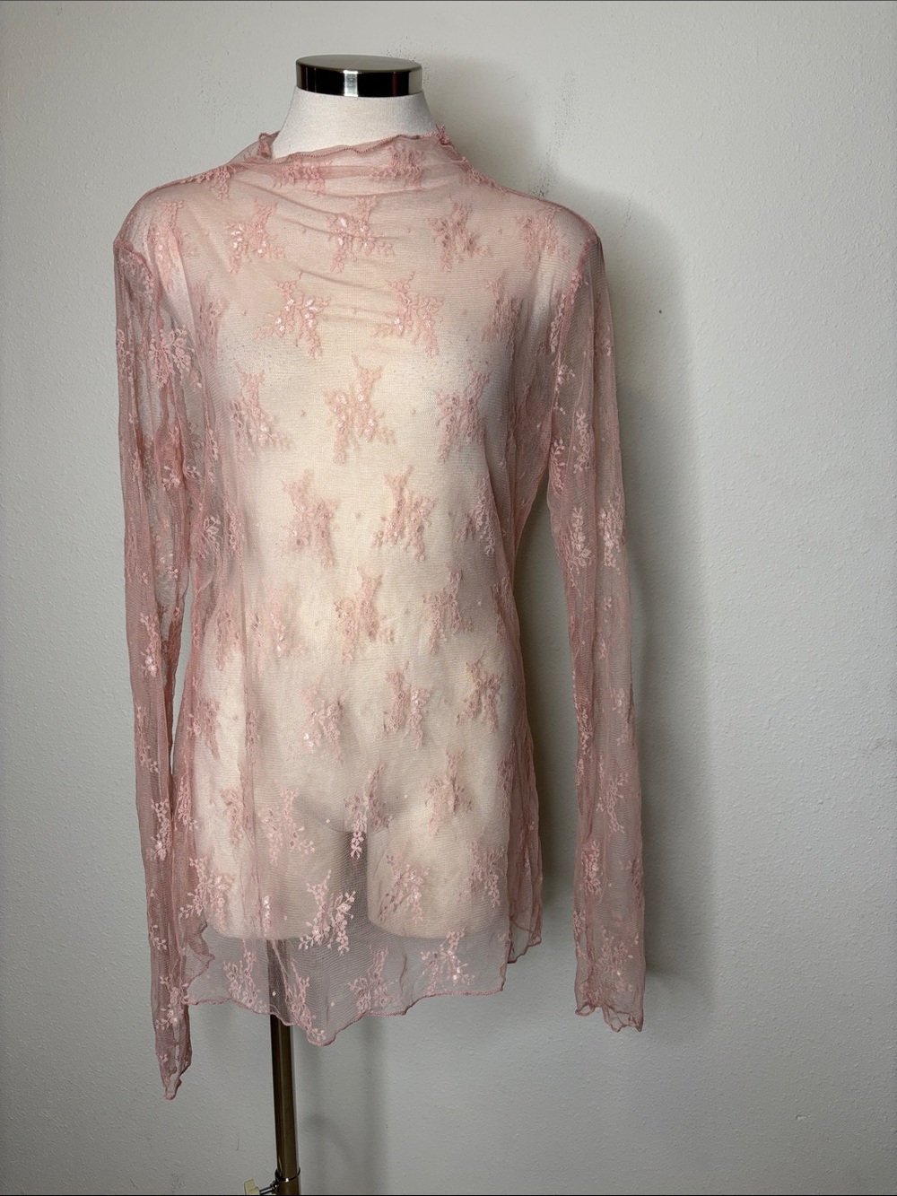 Delicate Sheer Lace Mock-Neck Blouse in Blush Pink